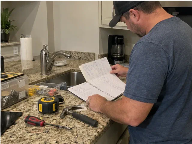 Handyman reviewing a handwritten room-by-room repair list beside used tools on a kitchen counter