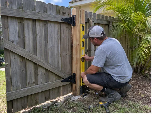 Handyman checking the hinge post on a sagging wooden backyard gate